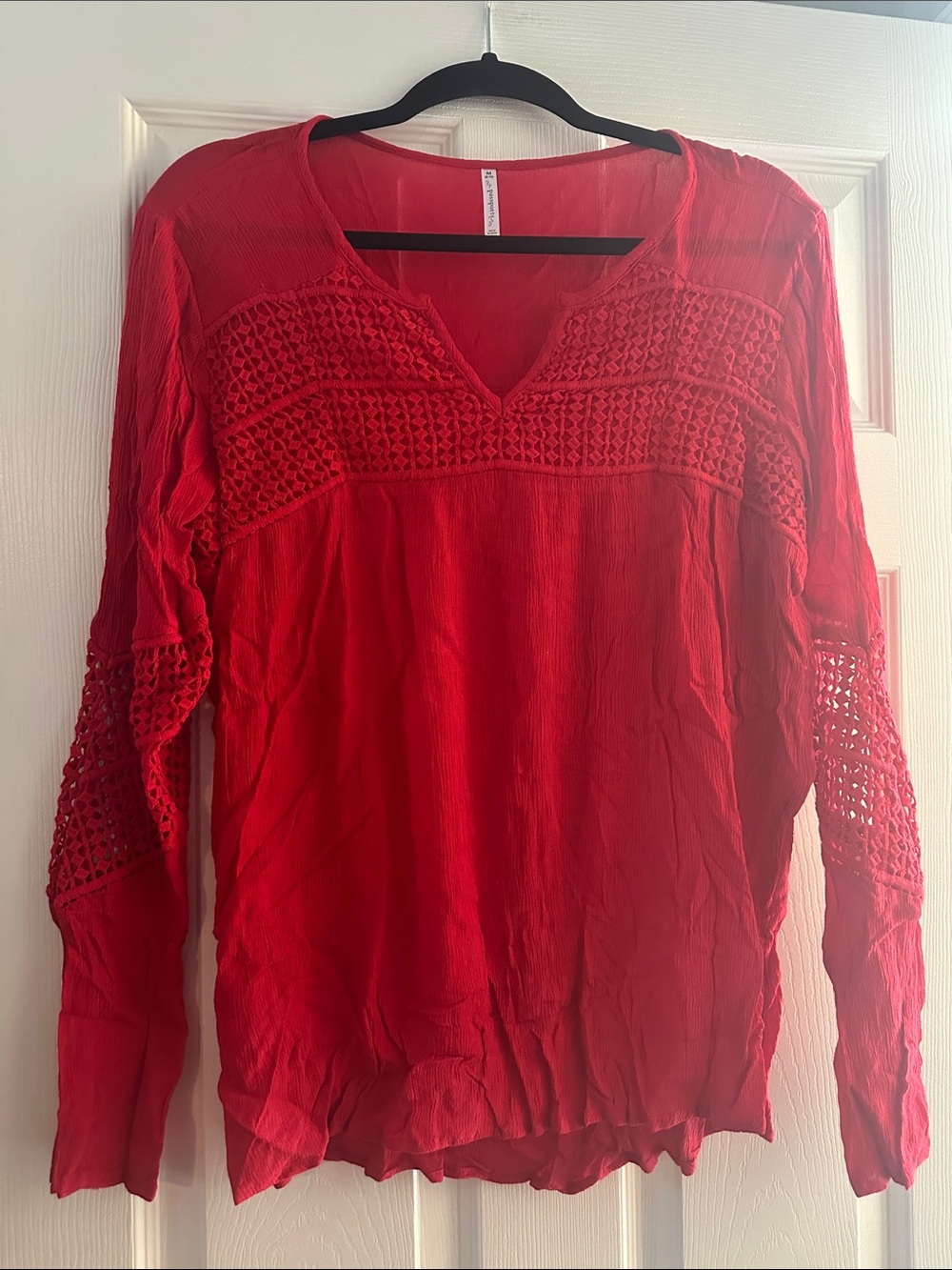Passport Red Crochet-Detail V-Notch Long Sleeve Tunic